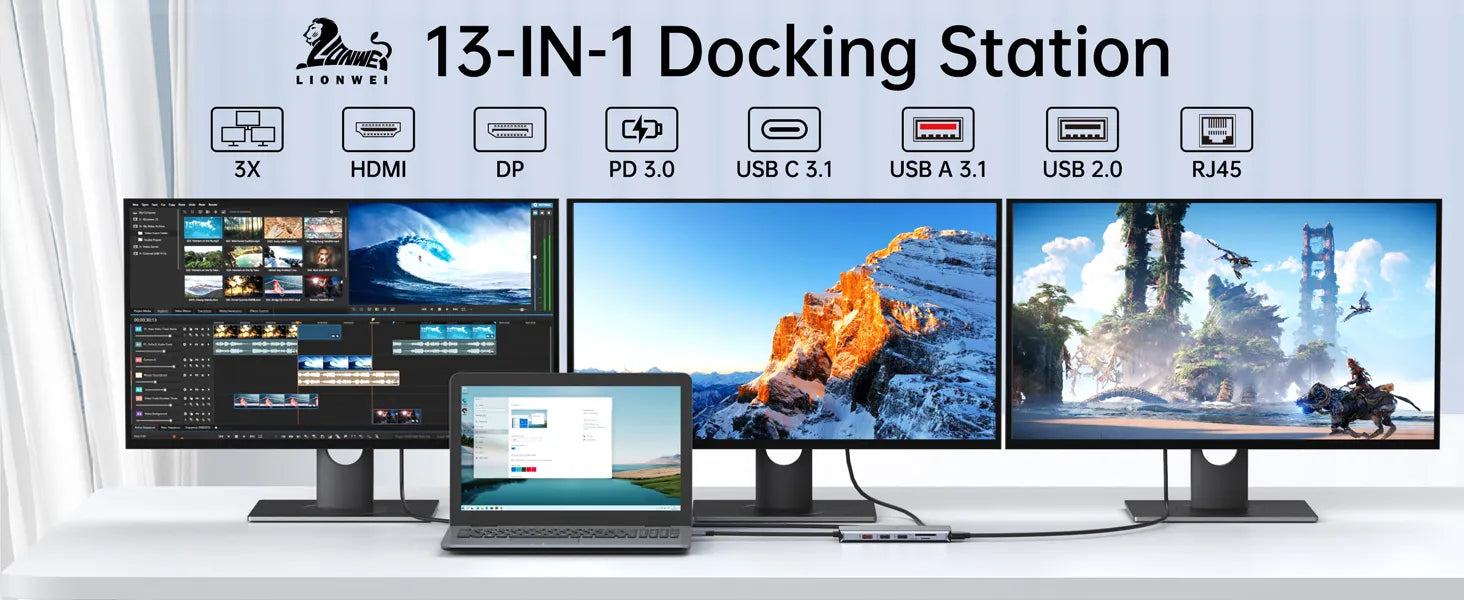 LIONWEI USB C Laptop Docking Station 3 Monitors 13-IN-1