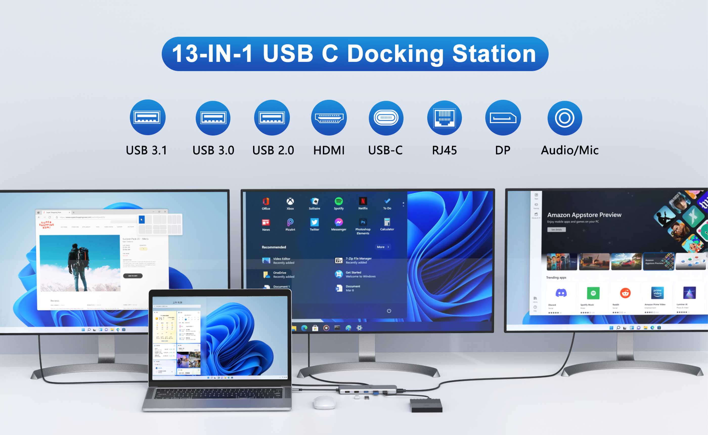 Lionwei 10 Gbps USB C Docking Station Triple Monitor 13-IN-1