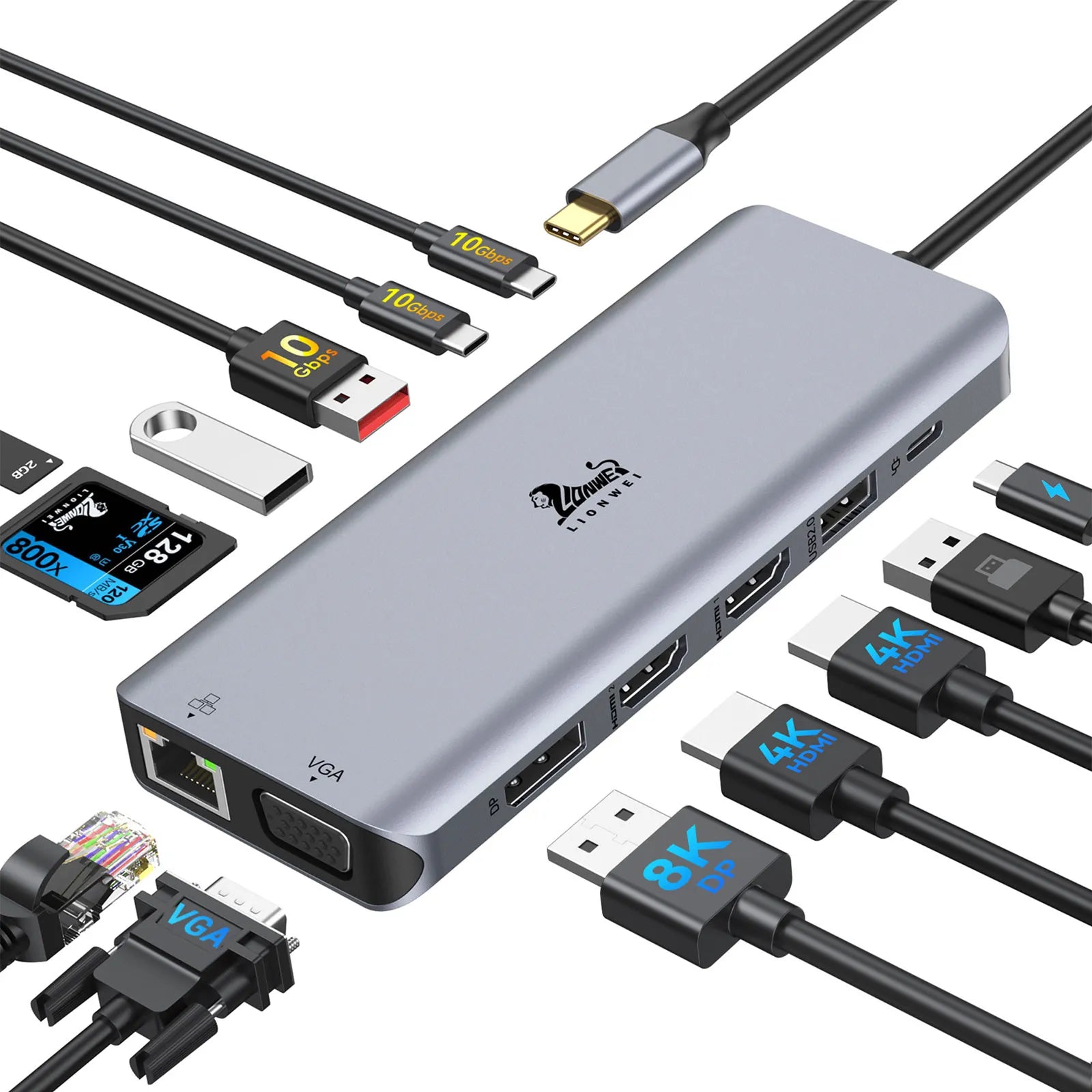 LIONWEI Laptop Docking Station 4 Monitors(Dual HDMI+8K DP+VGA) 13-IN-1