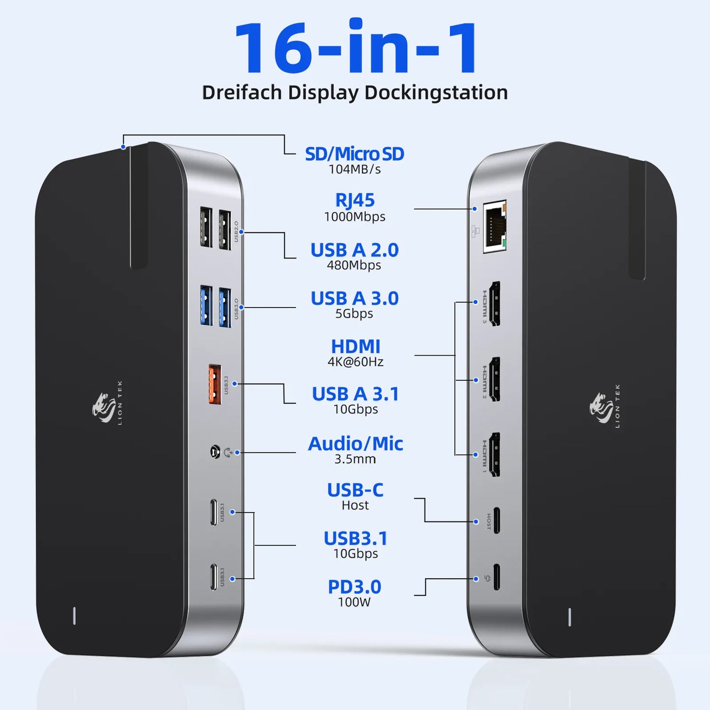 Lionwei Laptop USB C Dock Triple Monitor 16-IN-1