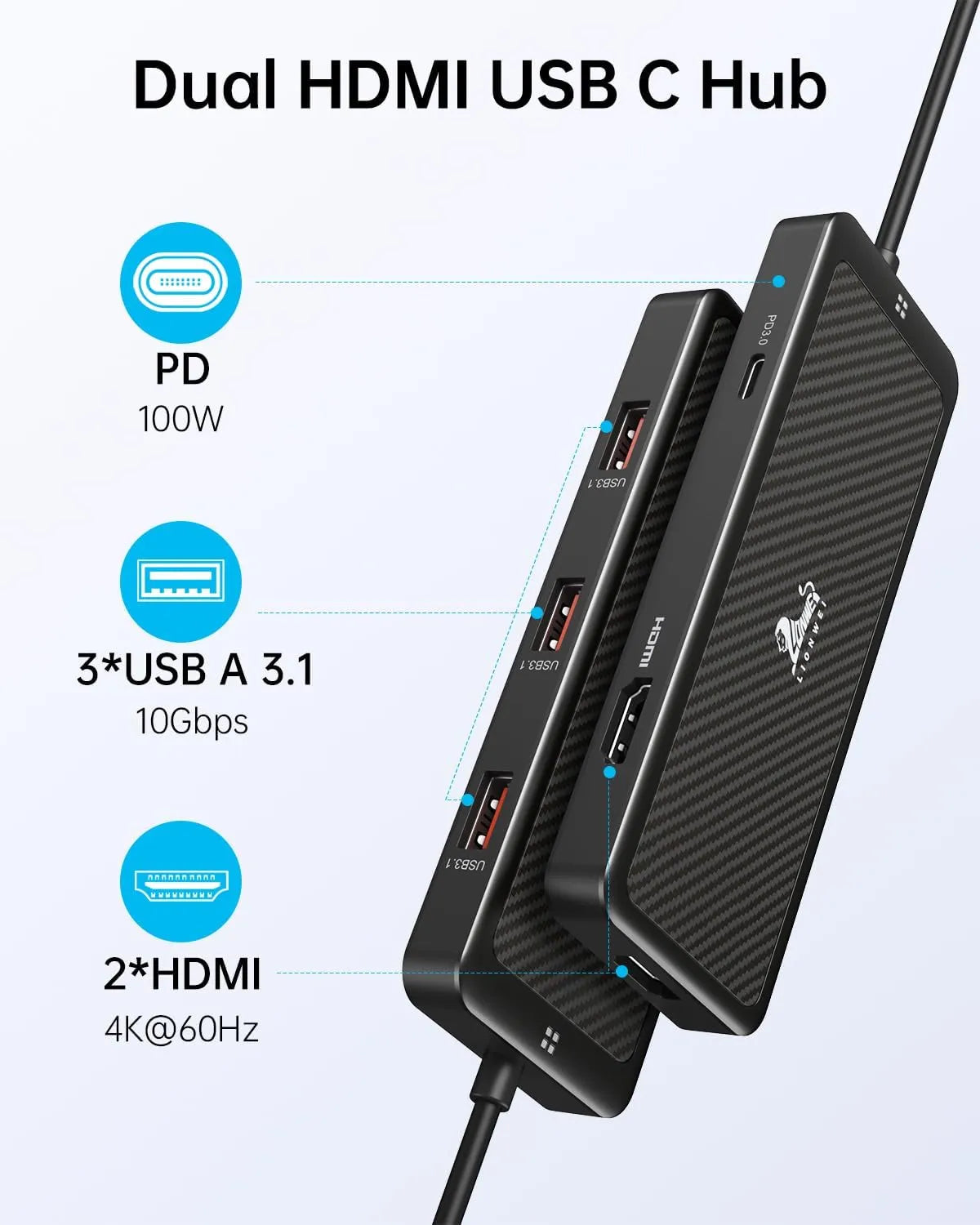 Lionwei USB C Docking Station Dual Monitor HDMI Adapter 6-IN-1