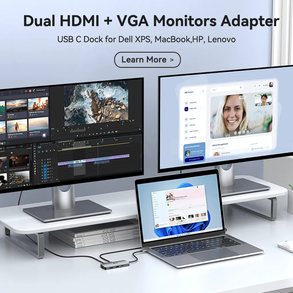 LIONWEI USB C Docking Station Dual HDMI+VGA Monitors Adapter 7-IN-1