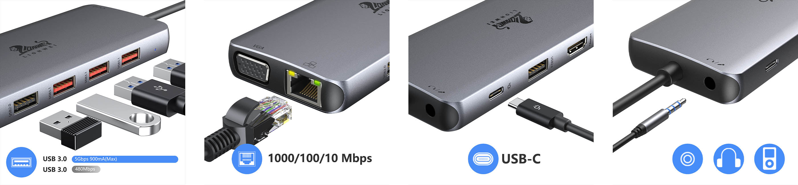 Lionwei 10 Gbps USB C Docking Station Triple Monitor 11-IN-1