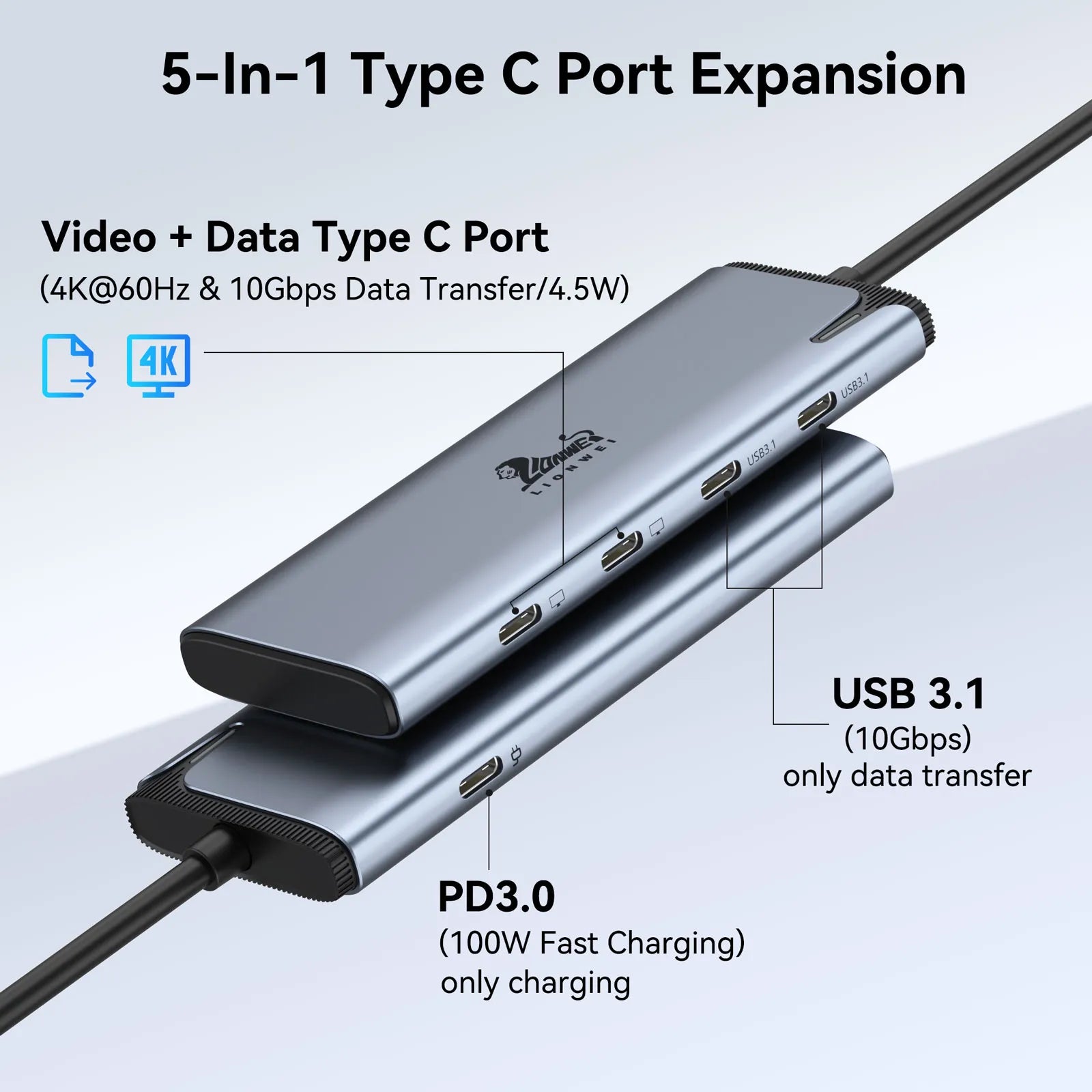 Lionwei USB C to USB C Hub Dual Monitor Adapter 5-IN-1