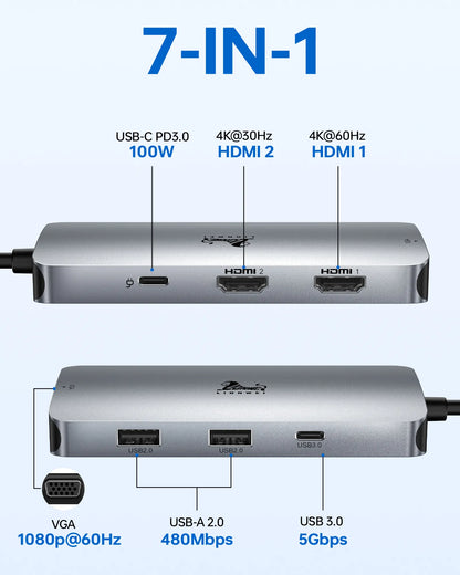 LIONWEI USB C Docking Station Dual HDMI+ VGA Monitors Adapter 7-IN-1