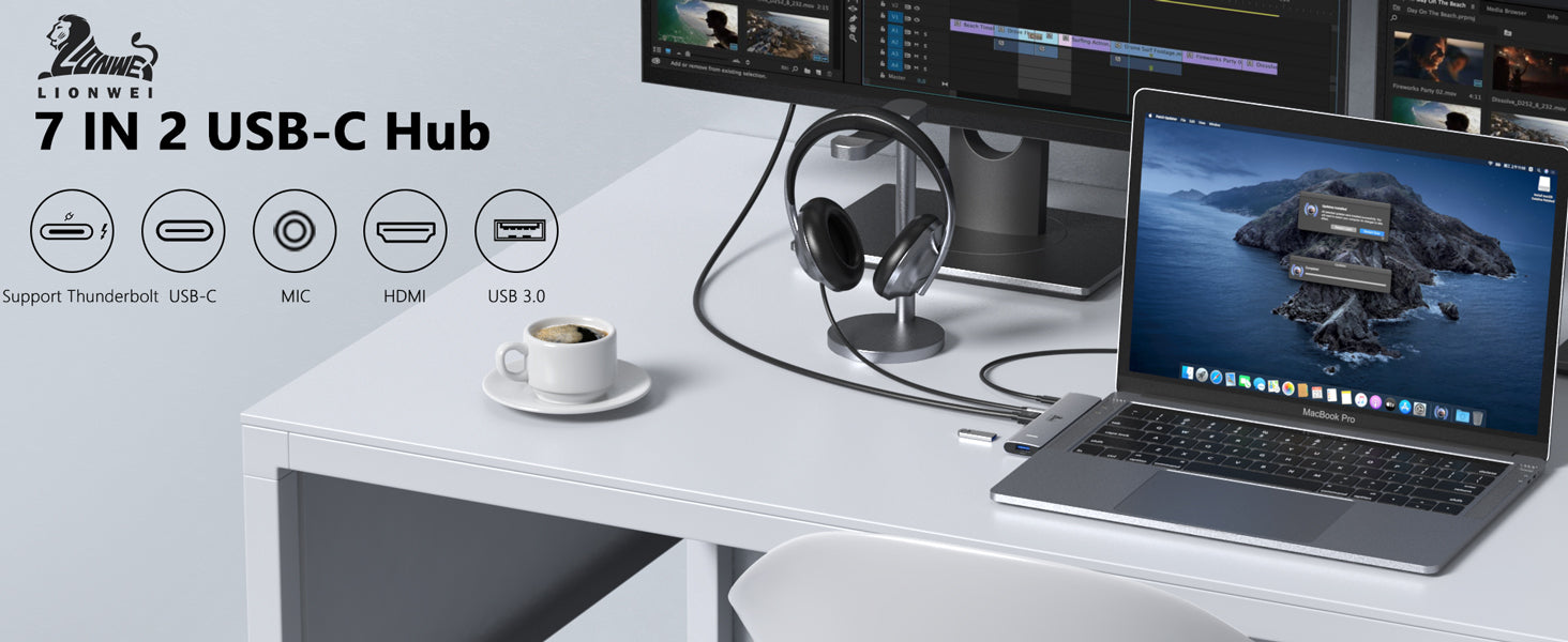 Lionwei USB C Hub for MacBook，2USB3.0+USB C+HDMI+TB3+SD/TF