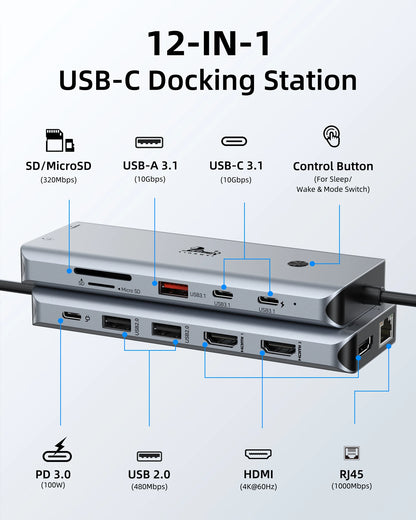 LIONWEI 12-in-1 USB C Docking Station with 3 HDMI 4K@60Hz