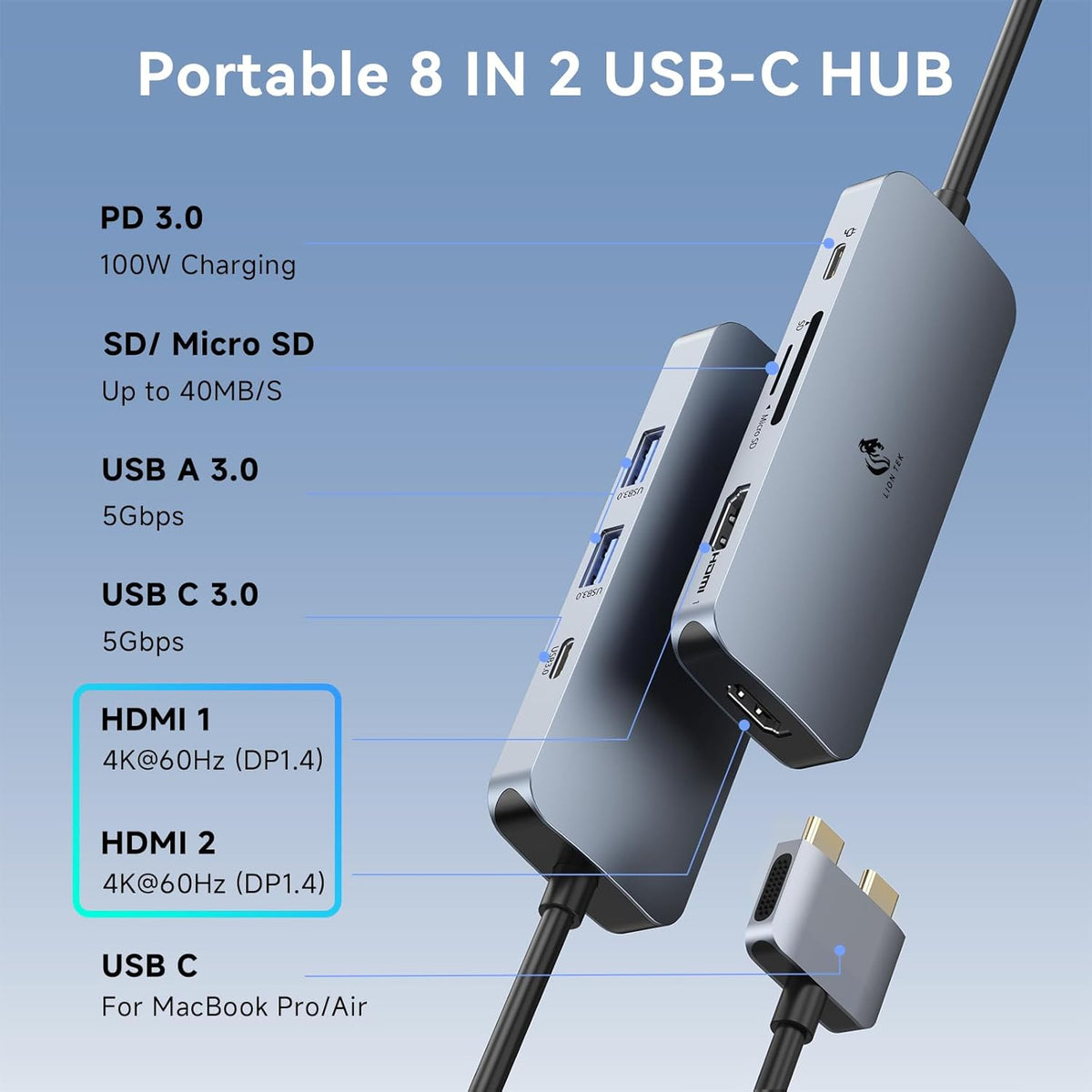 LIONWEI USB C Docking Station Dual Monitor for MacBook Pro Air