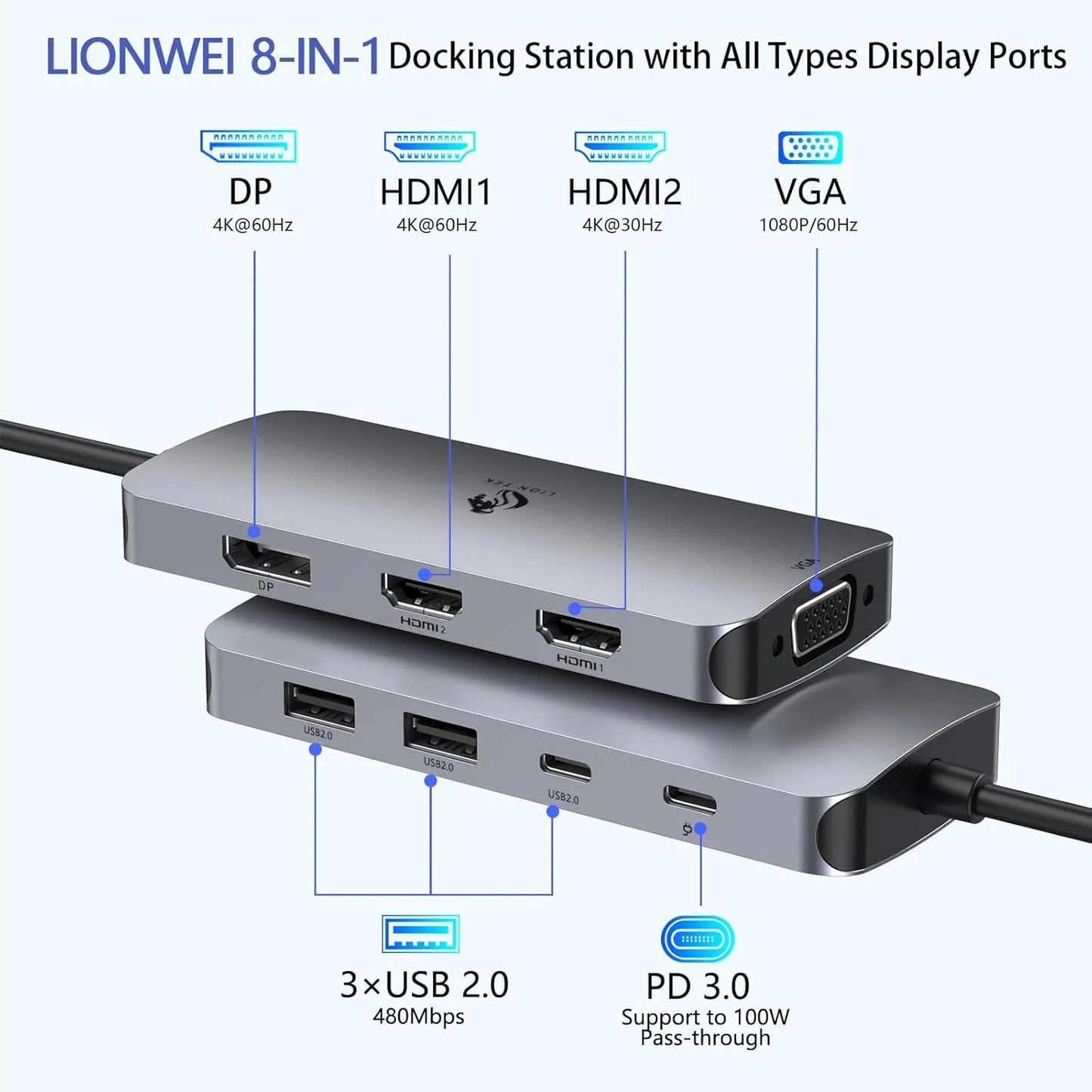 LIONWEI USB C Docking Station with Dual 4K HDMI & Displayport Adapter 8-IN-1