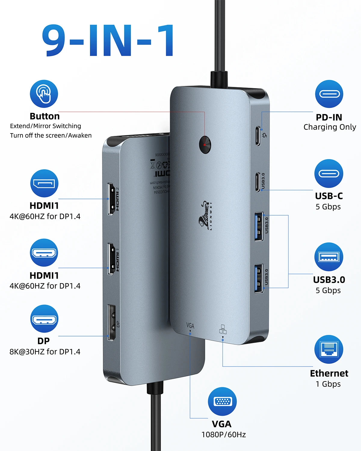 LIONWEI Laptop Docking Station 4 Monitors(Dual HDMI+DP+VGA) 9-IN-1