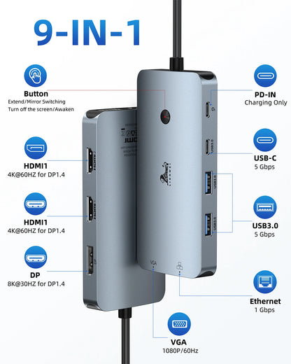 LIONWEI Laptop Docking Station 4 Monitors(Dual HDMI+DP+VGA) 9-IN-1