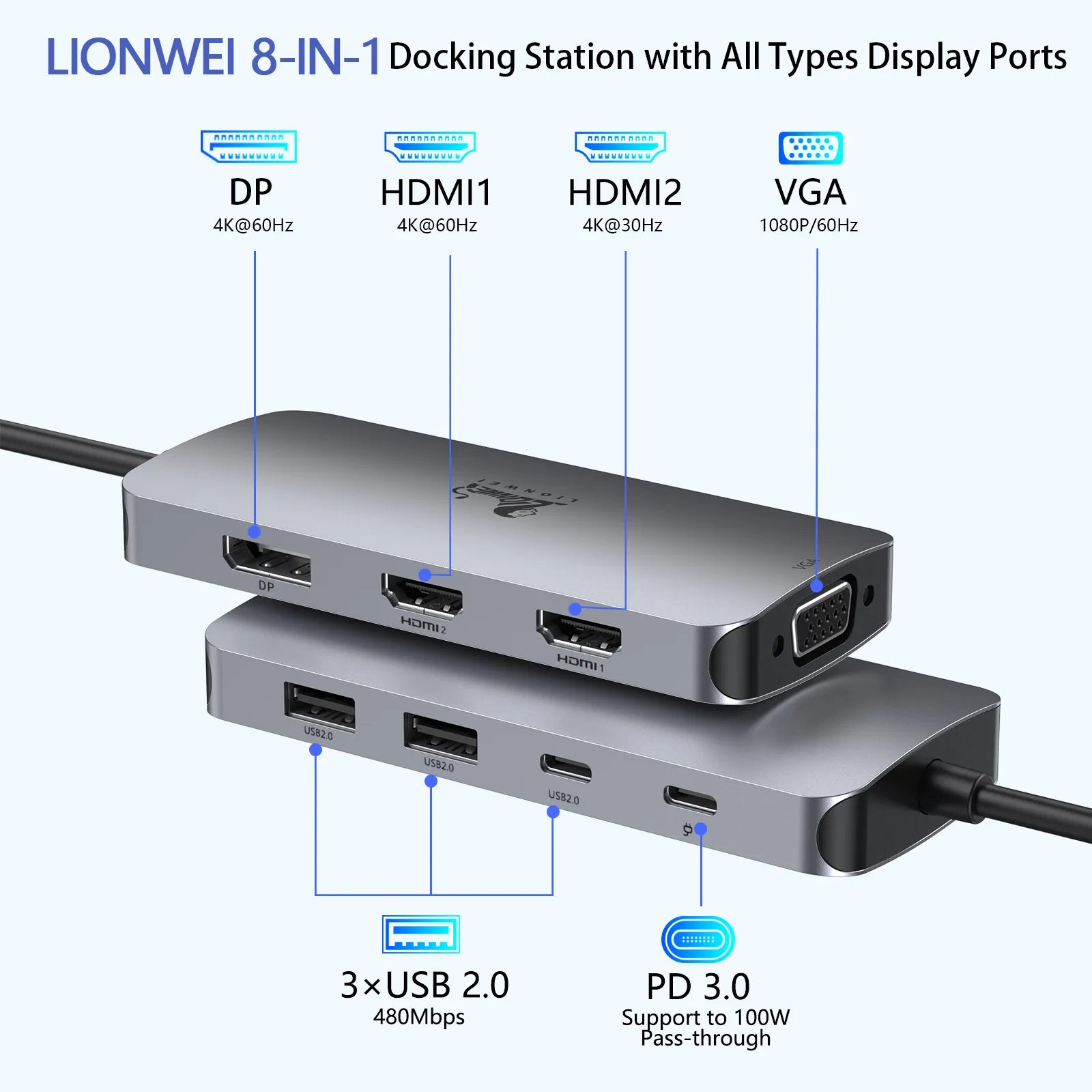 Lionwei USB C Docking Station with Dual 4K HDMI & Displayport Adapter 8-IN-1