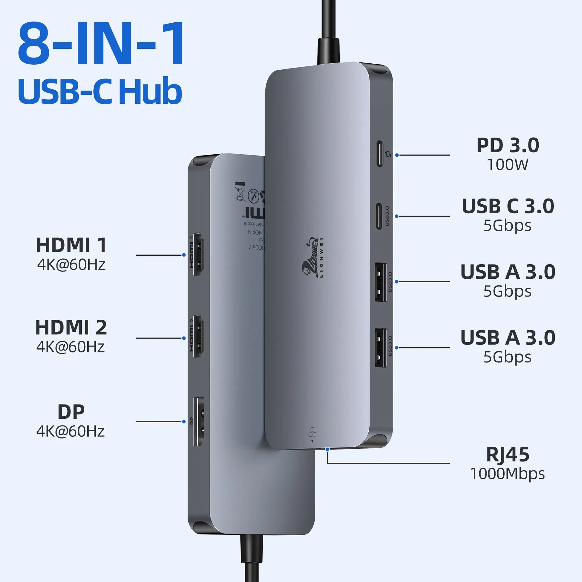 Lionwei Laptop USB C Docking Station Dual Monitor 8-IN-1