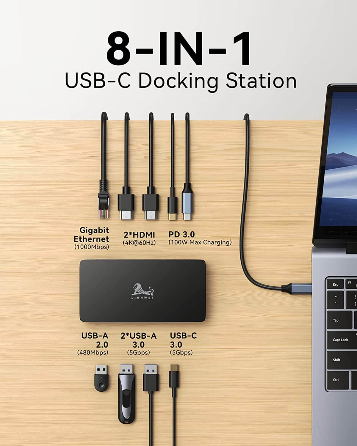 Lionwei USB C Docking Station Dual 4K HDMI 8-IN-1