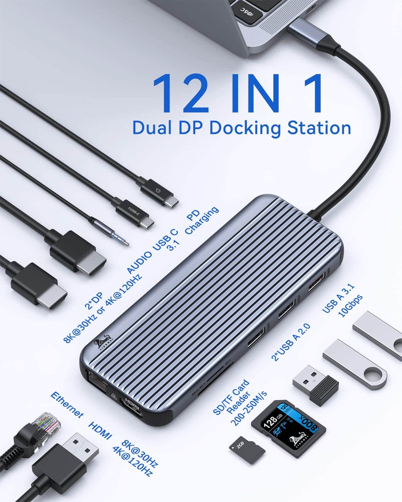 Lionwei 8K USB C Docking Station Dual Displayport Triple Monitor 12-IN