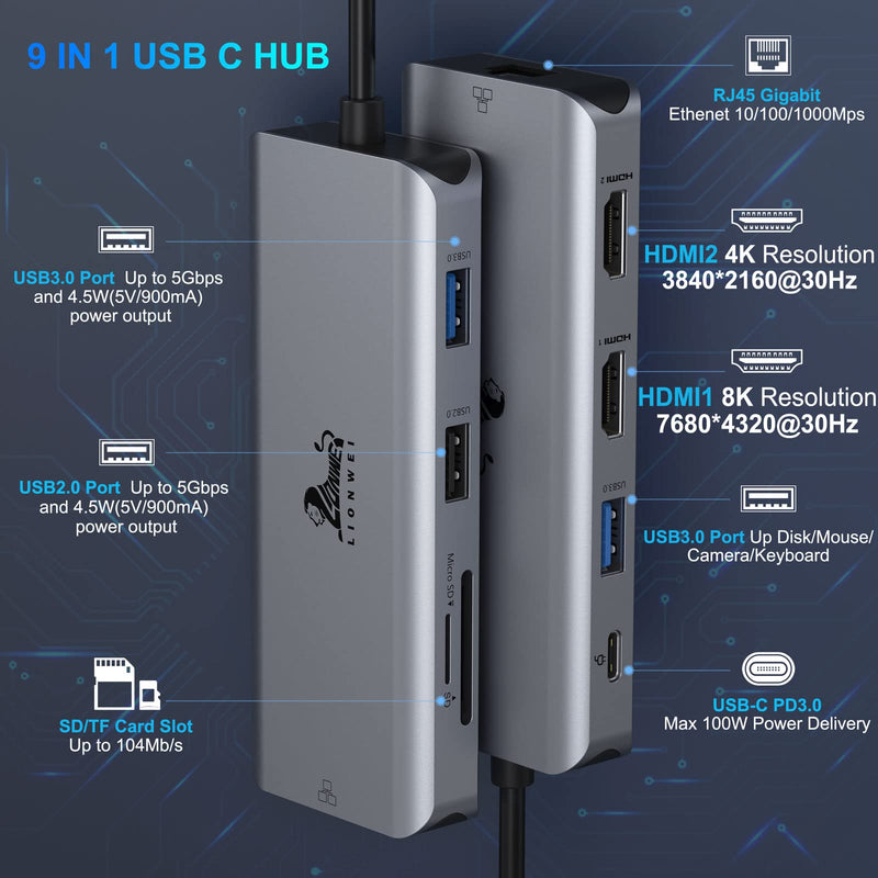 Lionwei USB C Docking Station Dual HDMI 9-IN-1