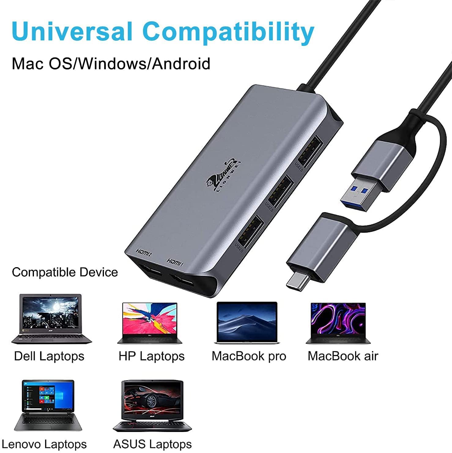 Lionwei USB 3.0 Docking Station Dual HDMI for Windows & macOS