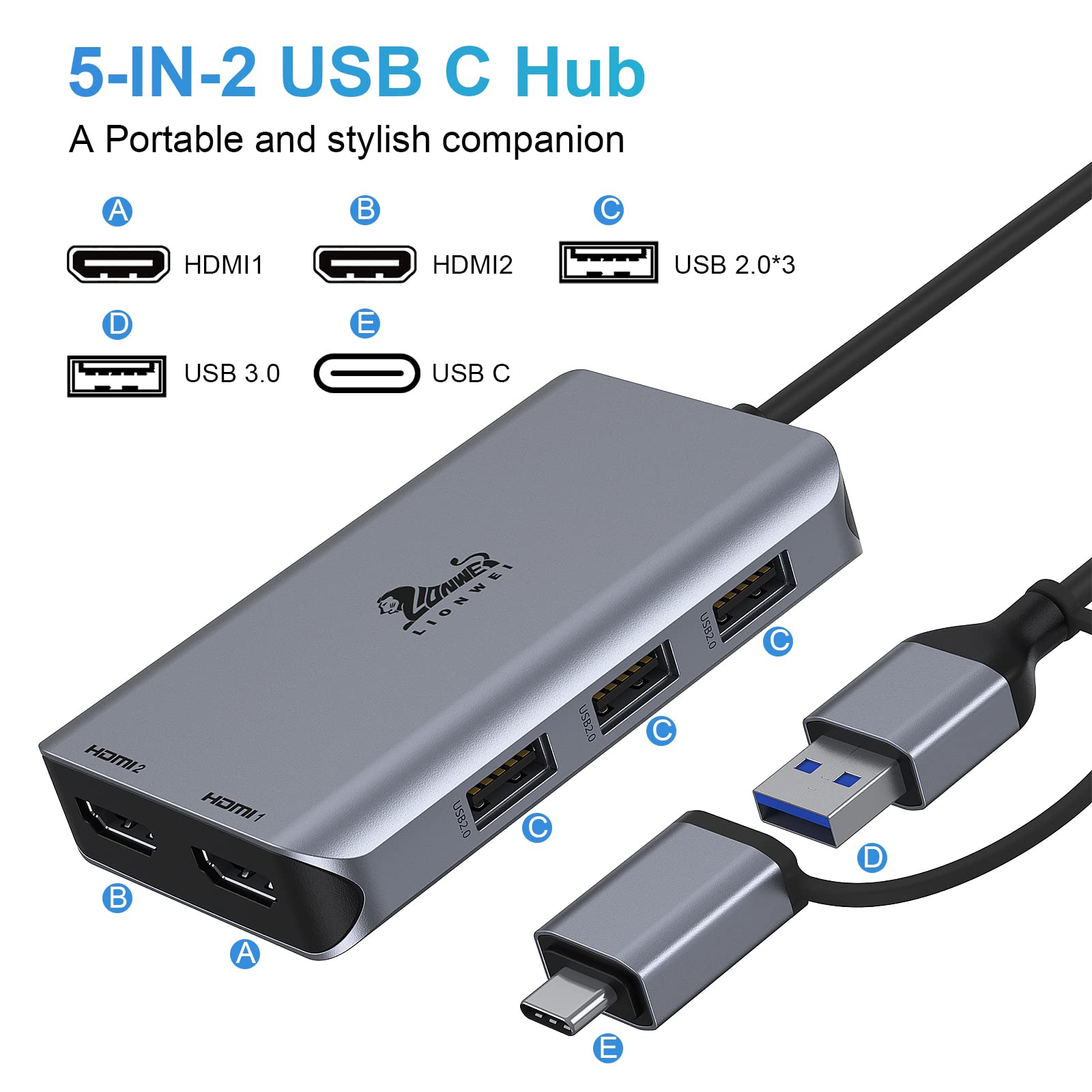 Lionwei USB 3.0 Docking Station Dual HDMI for Windows & macOS